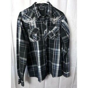 Eighty Eight Platinum Mens Large black Plaid long Sleeve Button Up Embroidered